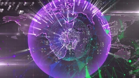 Animation of light trails and plexus networks over spinning globe and world map Stock Footage 241070437