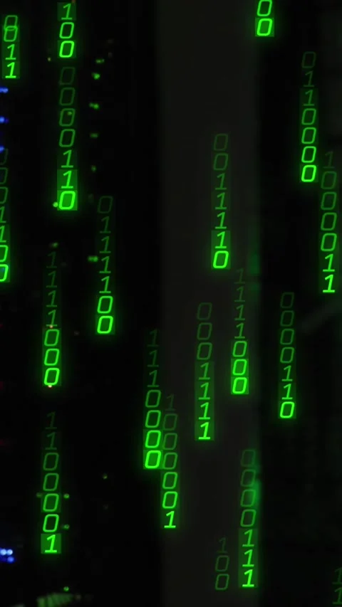 Animation of light trails of binary coding falling against computer server room Video stock 321038828