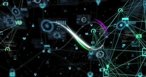 Animation of light trails in infinity shape and globes of digital icons against Stock Footage 241716662