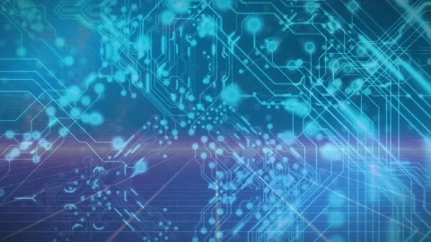 Animation of light trails on microprocessor connections over grid network Stock Footage 234015579