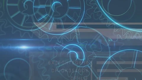 Animation of light trails over cogs on blue background Stock Footage 328645643