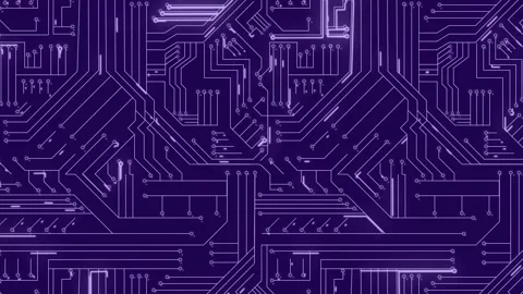 Animation of light trails over microprocessor connections against purple Vídeo Stock 205596822