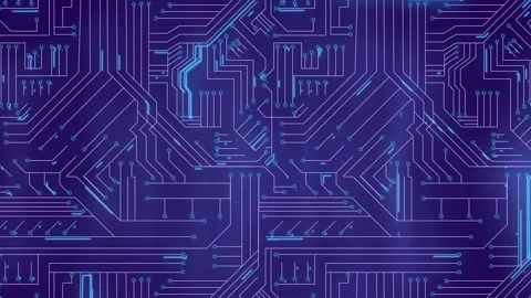 Animation of light trails over microprocessor connections against blue Stockbeeldmateriaal 327899051