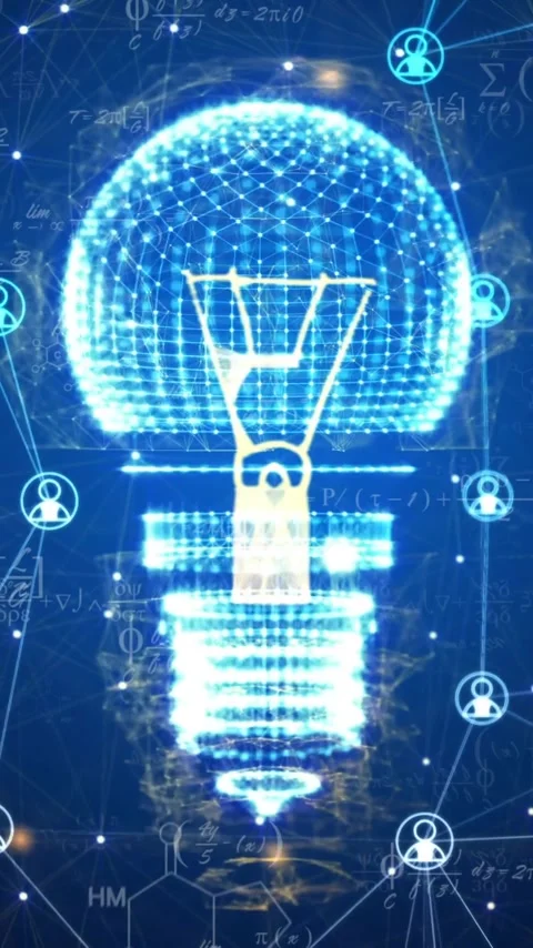 Animation of lightbulb and mathematical equations over network of connections Stock Footage 320160726