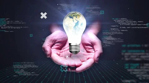 Animation of lightbulb with woman's hands and data processing over dark Stock Footage 327447678