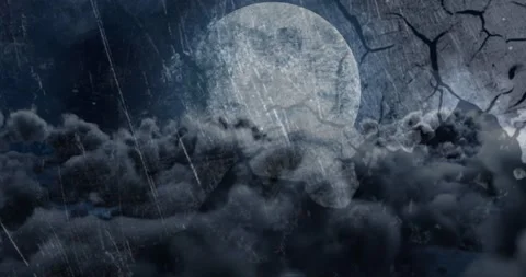 Animation of lighting, rain and tree silhouettes over clouds moving across the Stock Footage 203839732