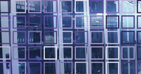 Animation of lightning and purple grid with data processing over computer Stock Footage 329781249