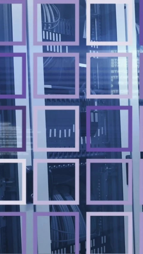 Animation of lightning and purple grid with data processing over computer Stock Footage 343682403
