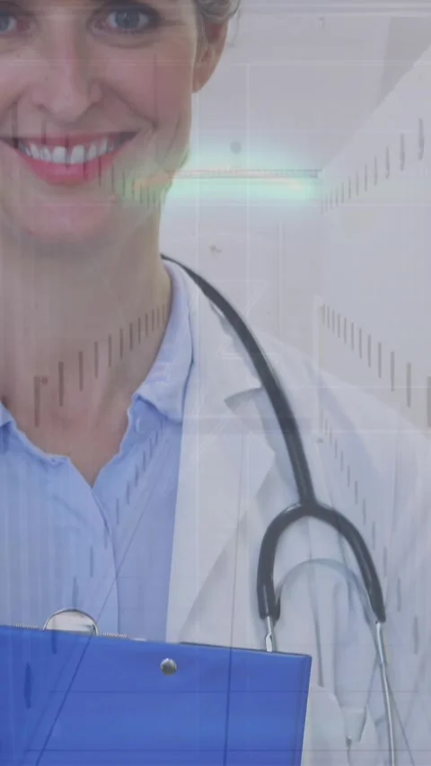 Animation of lightning icon in circle over caucasian female doctor with Stock Footage 344678371