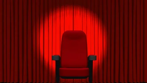 Animation of lights and chair over red curtain opening in theater Stock Footage