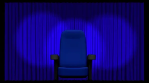 Animation of lights and chair over blue curtain opening in theater Stock Footage