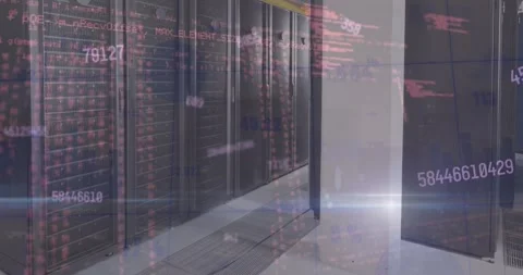 Animation of lights and data processing over computer server room Stock Footage 327445741