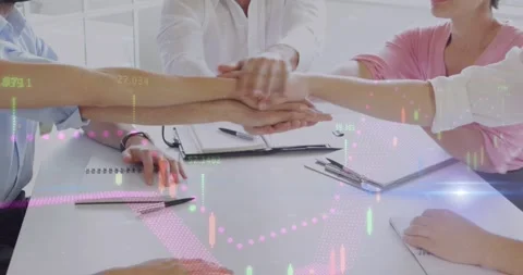 Animation of lights and graphs over caucasian businesspeople clapping hands with Stock Footage 329124638