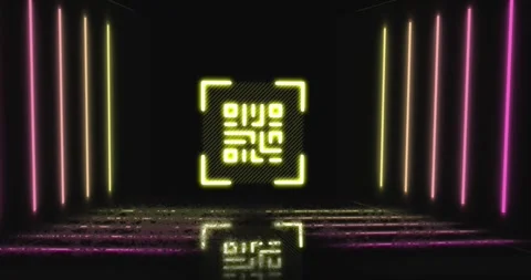 Animation of lights and qr code in black space Stock Footage 330171721