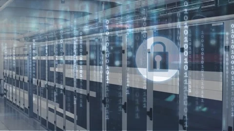 Animation of lights, binary code and padlock over servers Stock Footage 329124533