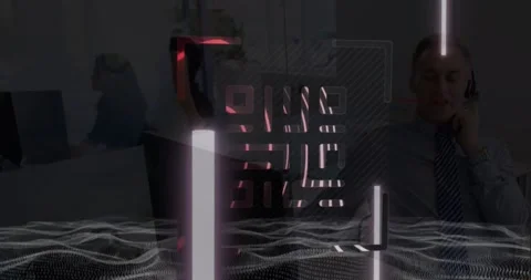 Animation of lights, qr code and waves in dark space Stock Footage 330338583