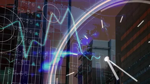 Animation of line graph with numbers and clock and map over modern building in Vídeos de archivo 257191558