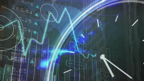 Animation of line graph with numbers and clock and map over modern building Vídeos de archivo 257191576