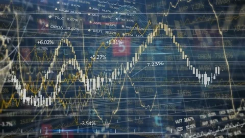 Animation of line graphs with trading board, changing text over padlock on grid Stock Footage 329692399