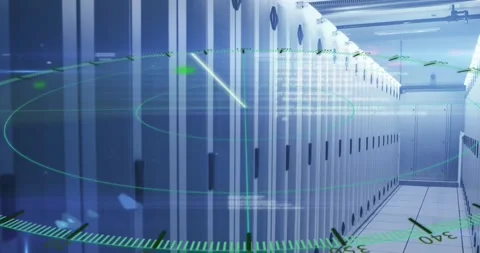 Animation of line moving in circle and computer language over data server room Stock Footage 330658305