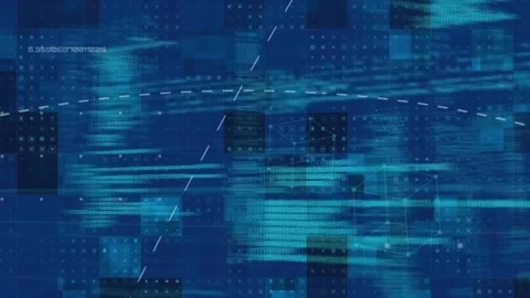 Animation of lines and computer language over 3d cubes against abstract Stock Footage 247907654