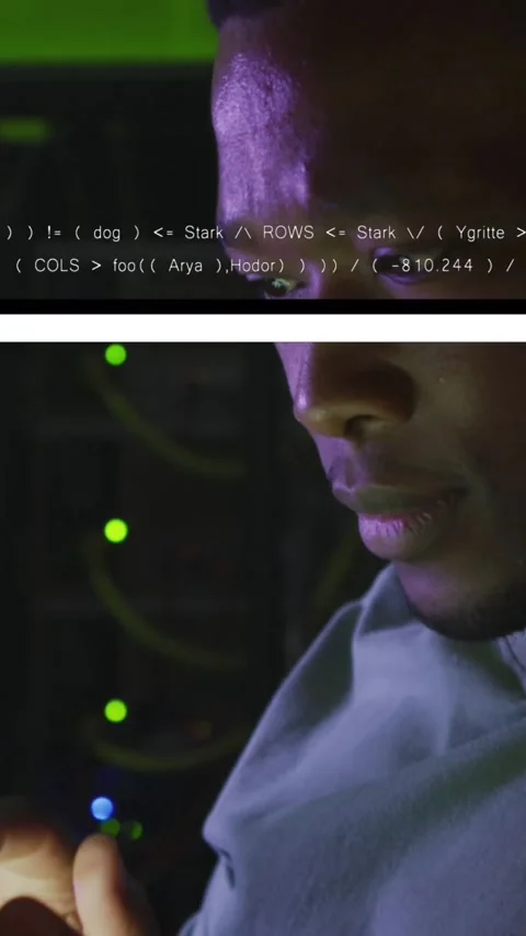 Animation of lines and data over african american man in server room Stock Footage 342641897