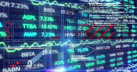 Animation of lines and navigation pattern, binary codes and graphs and trading Stock Footage 328005139
