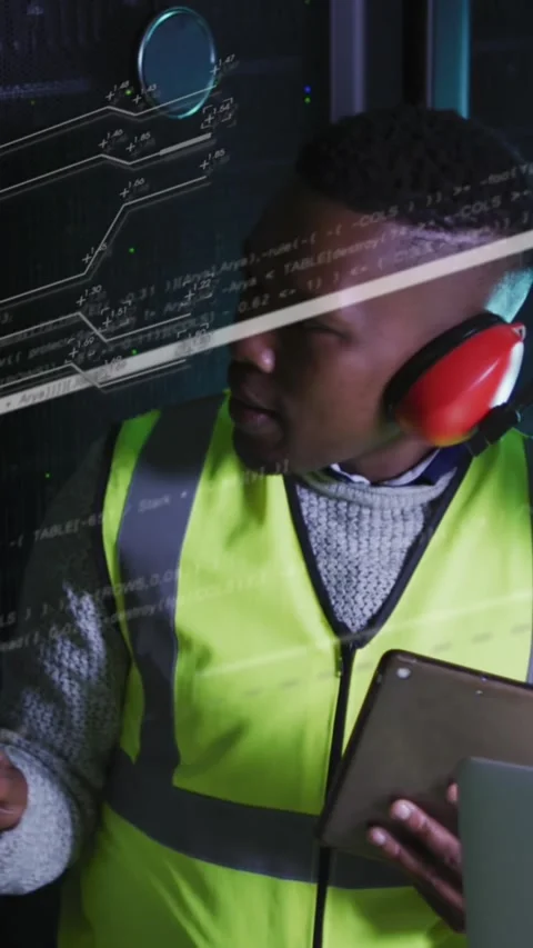 Animation of lines and numbers over african american man and woman working in Stock Footage 342641890