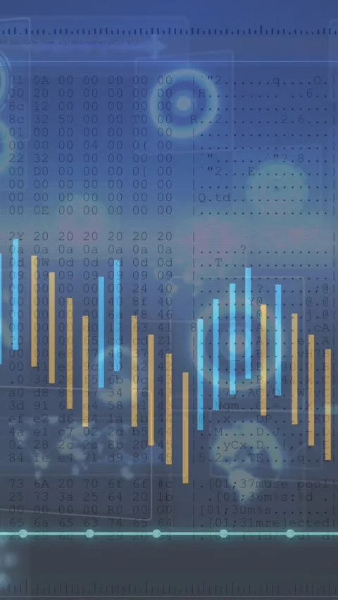 Animation of lines around graph over computer language against circles, globes Stock Footage 344595693