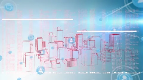 Animation of lines, computer language and connected icons over 3d model of city Stock Footage 235879200