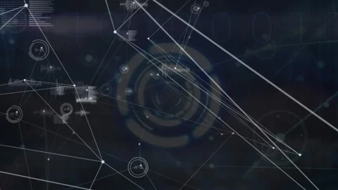 Animation of lines connecting dots against data, graphs with hud processing on Stock Footage 329510988