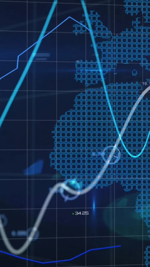 Animation of lines with financial data processing over world map Видео 343824750