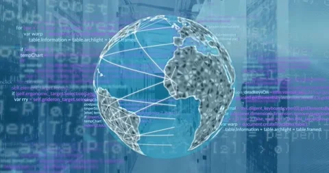 Animation of lines on globe with computer language over binary codes on data Stock Footage 330114543