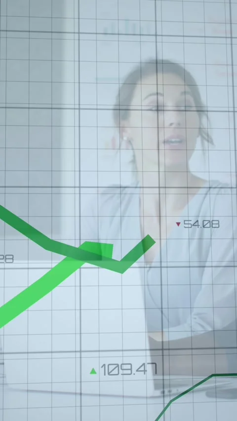 Animation of lines graphs and diverse female colleague discussing project over Stock Footage 343829017