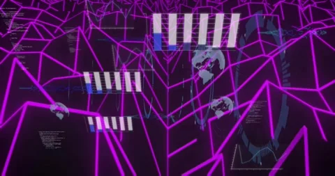 Animation of lines, graphs, globes, circles and computer language over black Stock Footage 330659758