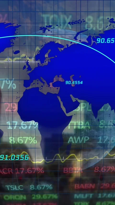 Animation of lines on map over numbers and trading board against low angle view Stock Footage 342009848