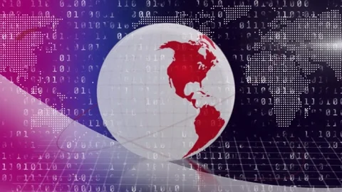 Animation of lines moving around globe over binary codes and map against black Stock Footage 330413562