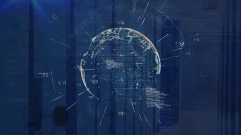 Animation of lines over globe, numbers, lens flare and programming language over 動画素材 330400084