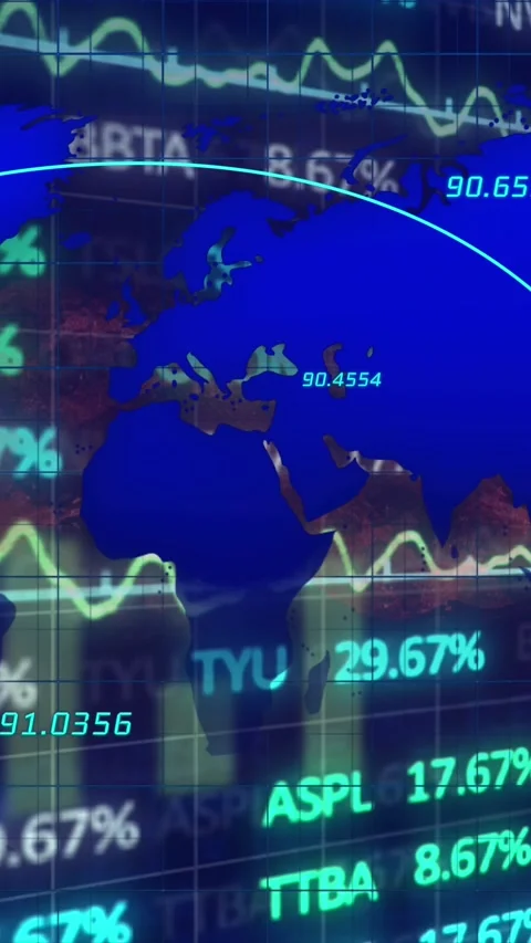 Animation of lines over map, graphs and trading board against abstract Stock Footage 341976549