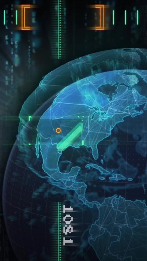 Animation of lines in viewfinder, changing numbers, computer language, globe Stock Footage 344746060