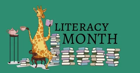 Animation of literacy month text over giraffe reading books icons Video stock 329764152