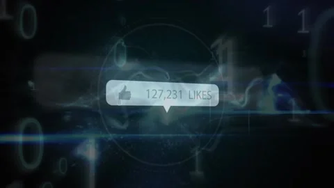 Animation of live count of likes with thumbs up in circle with binary codes Stock Footage 327592395
