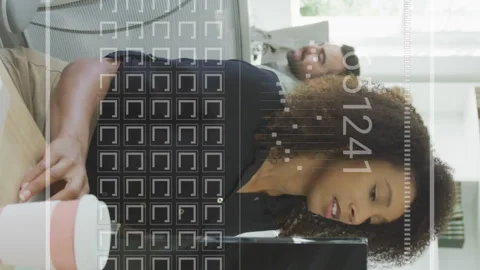 Animation of loading bar, squares, changing numbers, woman working on computer Stock Footage 312906248