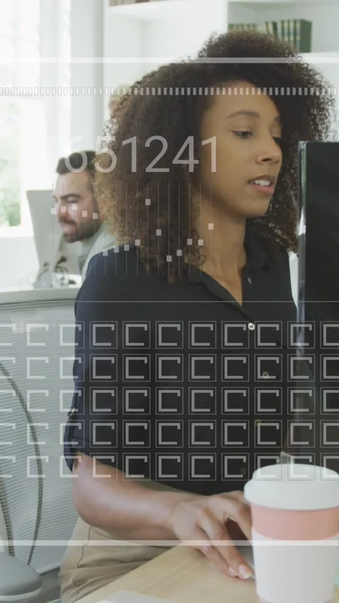 Animation of loading bar, squares, changing numbers, woman working on computer Stock Footage 320983627