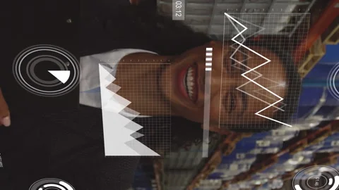 Animation of loading bars and graphs over smiling female manager in factory Stock Footage 312916413