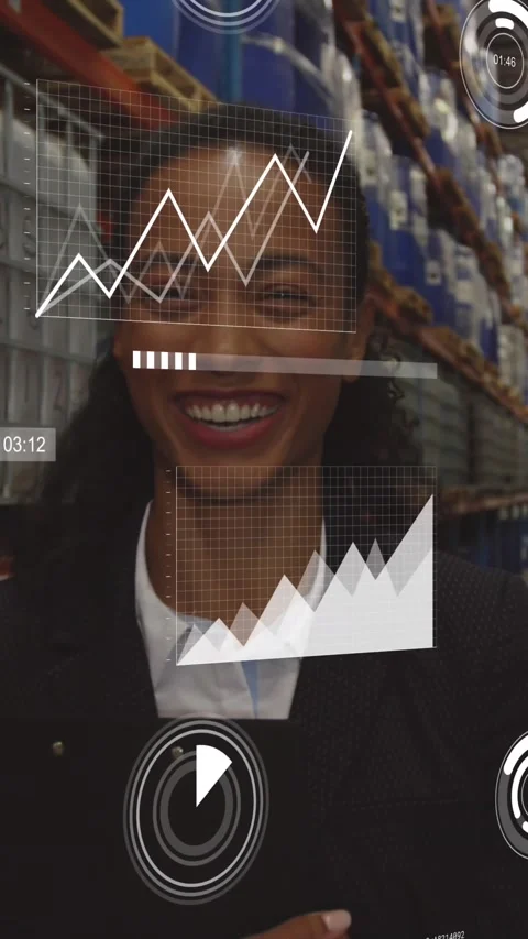 Animation of loading bars and graphs over smiling female manager in factory Stock Footage 321513736