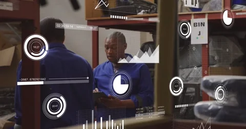 Animation of loading bars and graphs over african american mechanic using Stock Footage 327785903