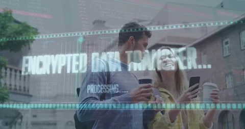 Animation loading bars and graphs over diverse couple with coffee cup looking at Stock Footage 329167181