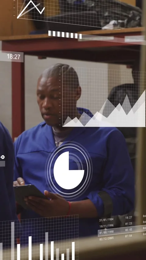 Animation of loading bars and graphs over african american mechanic using Stock Footage 343028063