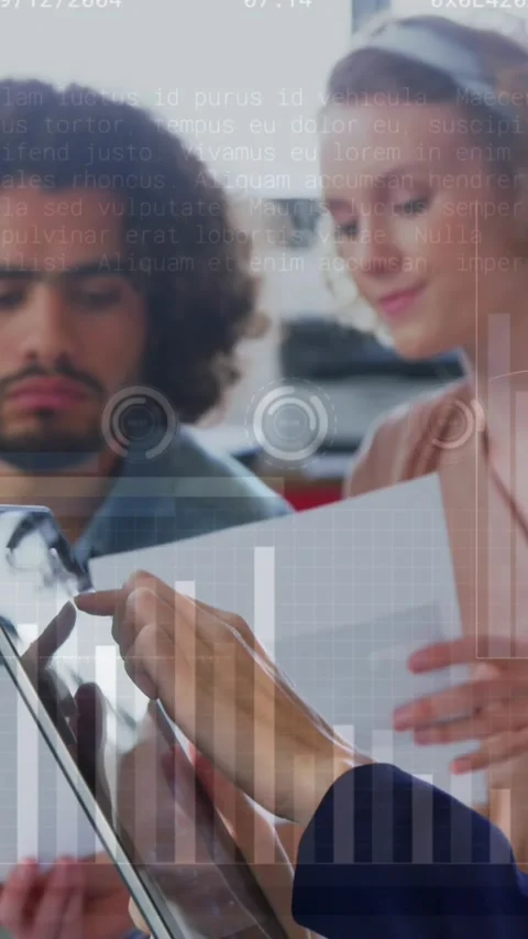 Animation of loading bars, circles and multiple graphs, diverse coworkers Stock Footage 344774973
